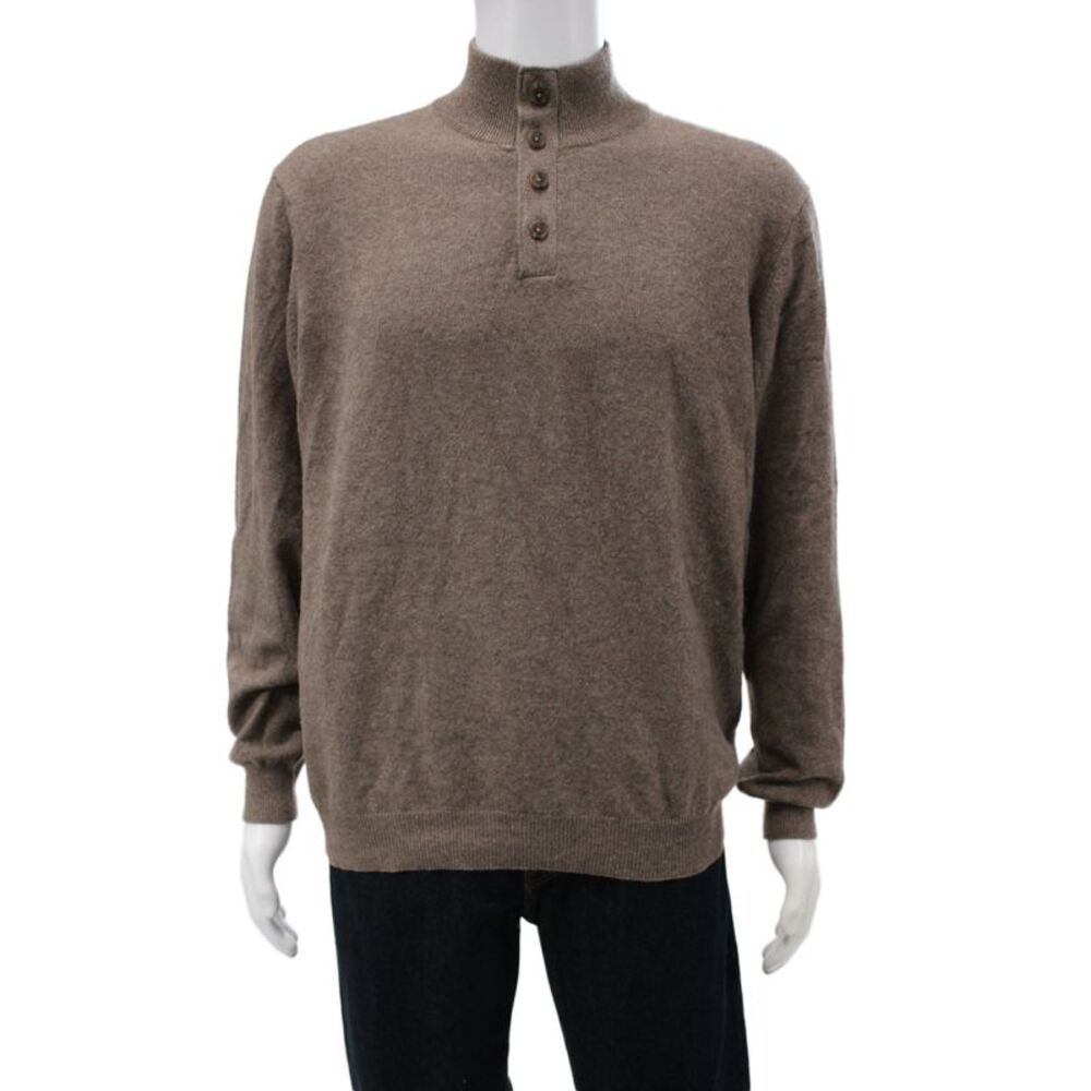 Kinross Cashmere Mens Henley Pullover Sweater Brown 100% Cashmere Size L